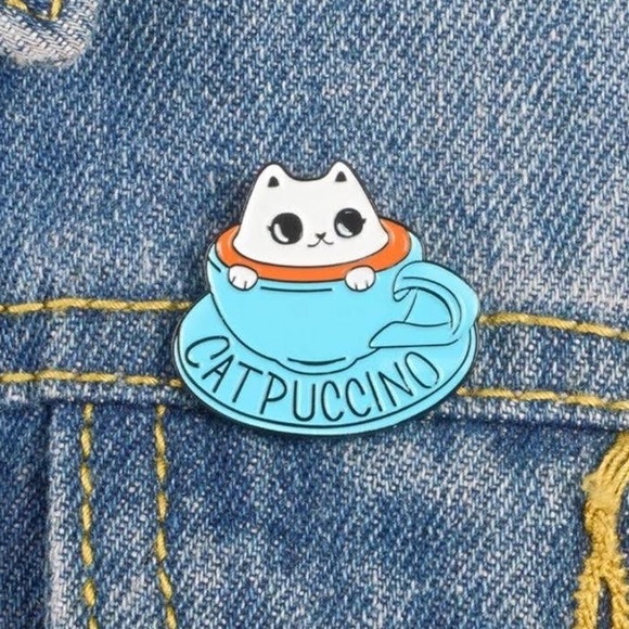 Coffee Themed Cup & Saucer with Cat Kitty “Catpuccino” Metal Enamel Pin Brooch - Picture 6 of 10